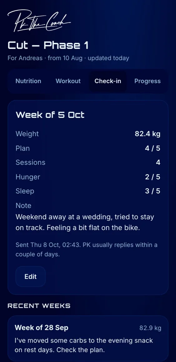 The Check-in tab: this week's weight, plan, sessions, hunger, sleep and a note, with PK's replies below