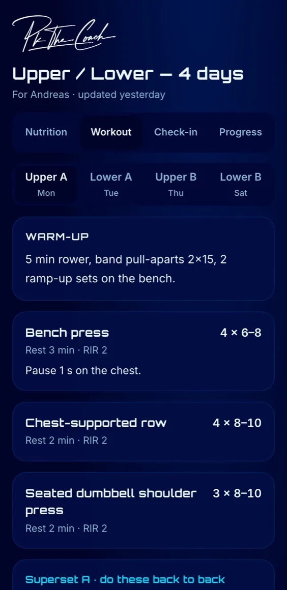 The Workout tab: a warm-up, then each exercise with sets, reps, rest, RIR and PK's notes